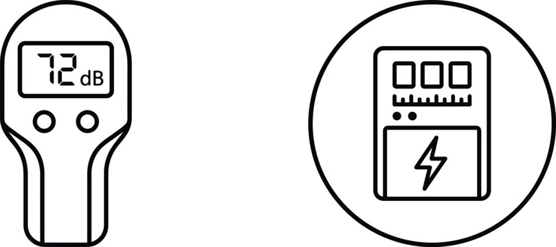 Sound level meter and electrical measurement device outline icons vector illustration set for industrial technology design