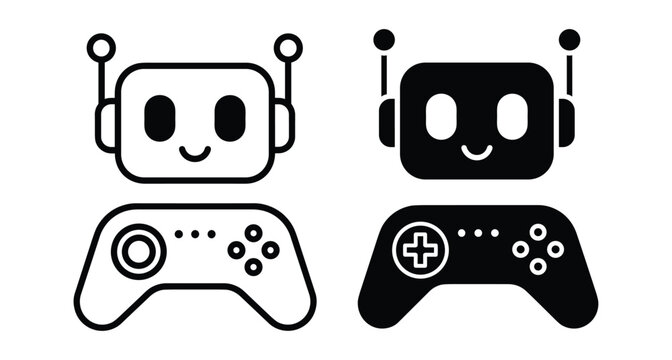 Robot head and game controller icon set featuring smiling android character with gamepad in outline and solid black vector styles