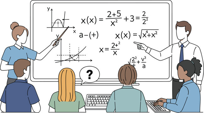 Math classroom lesson with teachers and students solving equations educational vector illustration for school learning concept