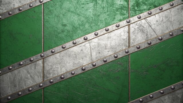 Zipper on green fabric with metal teeth and pull tab close up