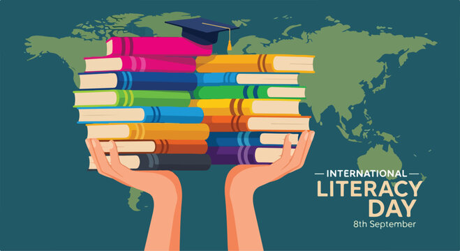 Celebration of International Literacy Day with a colorful stack of books held by hands against a world map background