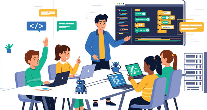 Programming class with teacher and students learning coding using laptops modern technology education vector illustration concept