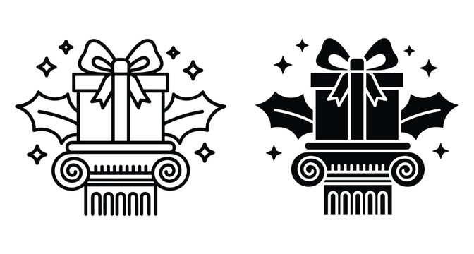 Christmas gift box with bow on classical ionic column pillar with holly leaves and stars in outline and solid style