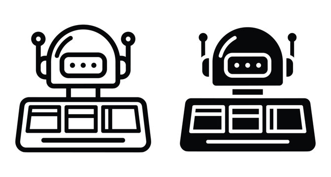 Robot assistant icon set featuring outline and solid glyph styles of a mechanical bot working at a computer terminal desk