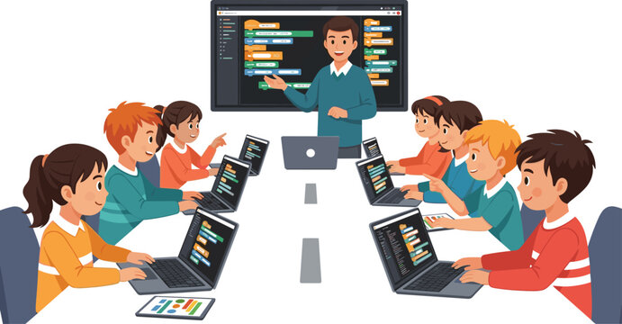 Coding classroom with teacher and students using laptops programming education vector illustration for technology learning concept