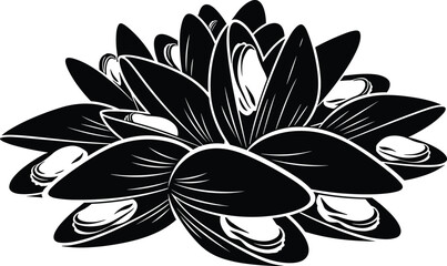 Black and White Vector Illustration of Fresh Mussels Clams Seafood Shellfish for Gourmet Cooking Menus and Restaurant Design Elements High Contrast Stencil Style Graphic Art © MD FARID