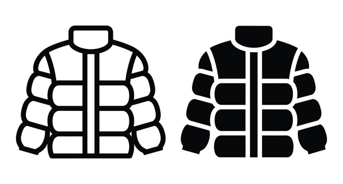 Puffer jacket icon set featuring outline and solid black winter coat symbols for apparel design weather apps and fashion retail