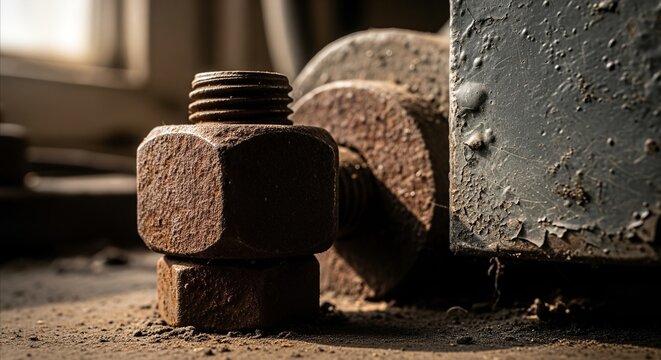 Stack of rusty, seized nuts and bolts in vintage industrial machinery setting with natural light