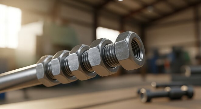 Metal nuts and bolts aligned in a row, showcasing industrial fasteners and precision engineering in a workshop setting