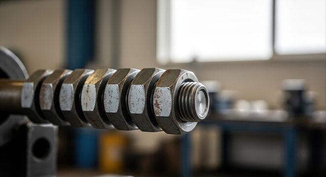 Aligned Industrial Nuts and Bolts on Threaded Rod in Workshop, Precision Engineering and Craftsmanship