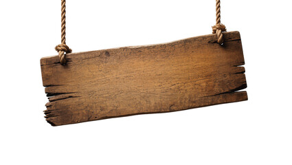 Isolated rustic old wooden sign board hanging by ropes, weathered wood texture with knots
