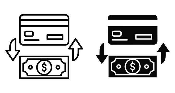 Credit card and cash money exchange icon set representing financial transactions banking payments currency conversion and electronic transfer services