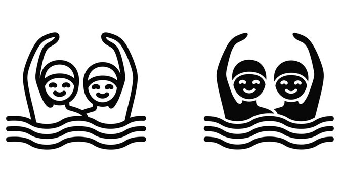 Synchronized swimming icon set featuring two athletes in water with raised arms for sports competition and aquatic team performance graphics
