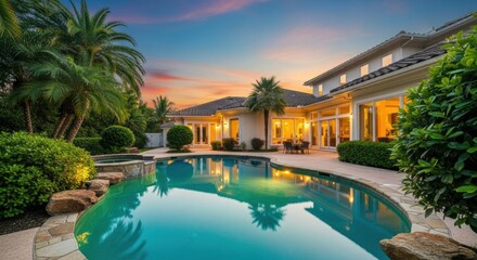 Fototapeta premium Beautiful Backyard Pool Area During Sunset with Glowing Lights and Elegant Contemporary Design