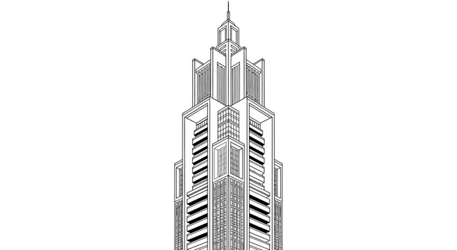 Art Deco skyscraper outline, detailed architectural drawing of a tall building, showcasing intricate geometric patterns and setbacks characteristic of the era