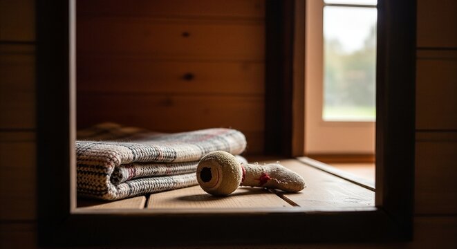 Cozy dog house interior with folded blanket and worn toy, bathed in soft window light, evoking warmth and comfort for pets