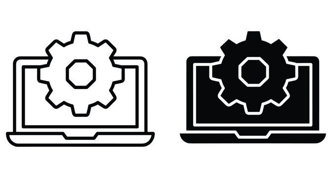 Laptop computer with gear icon representing software development technical support system maintenance digital configuration web optimization processing management tools and settings