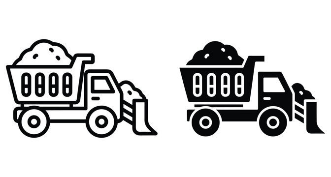 Dump truck with front plow blade icon set for construction snow removal industrial transport heavy machinery vehicle outline and solid style