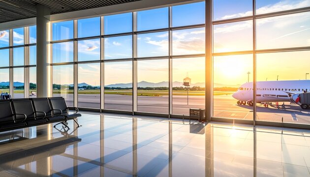 Modern airport terminal with glass windows, airplanes at gates, warm sunrise glow, polished reflective floor, calm expansive travel atmosphere on clean bright white background.
