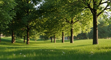 Fototapeta premium Sun Drenched Park Meadow with Tall Deciduous Trees and Lush Green Spring Grass