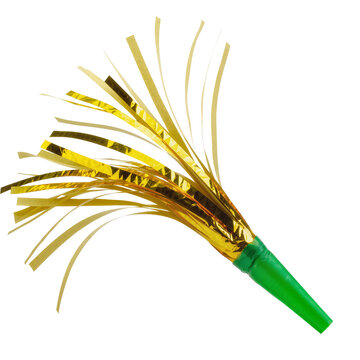 Isolated shimmering gold party blower with a green handle for festive celebrations.