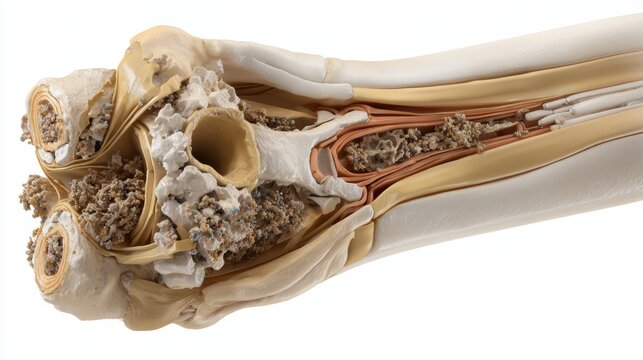 Showcases the elbow joint of a dog with dysplasia, illustrating fragmented coronoid process and changes compared to a healthy joint.