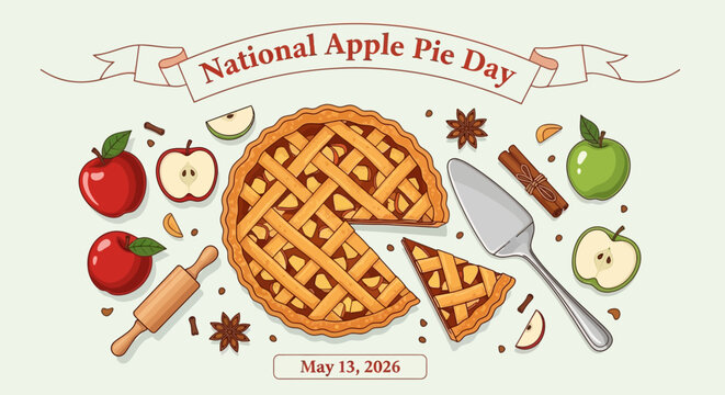 national apple pie day celebration with fresh apples and pie slice vector illustration