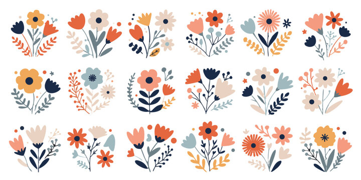 Set of charming round floral arrangements, blooming flowers and leaves in various colors, flat vector illustration