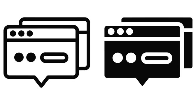Web browser window chat bubble icon set with outline and solid versions for user interface design software application website development