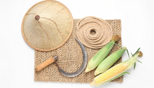 A flat lay view of traditional farming tools including a sickle, rope, straw hat