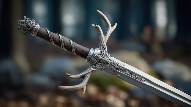 Fantasy sword with stag antler hilt and polished steel blade in woodland style.