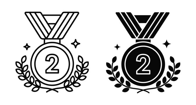 Second place silver medal icon set with number two laurel wreath and ribbon for sports competition second place silver medal