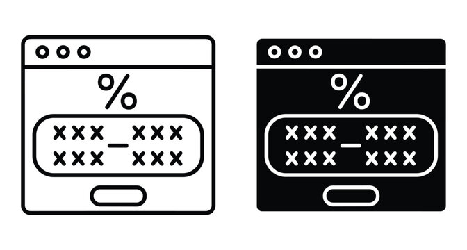 Promo code discount voucher icon set featuring browser window with percentage symbol and coupon field for online shopping and digital marketing