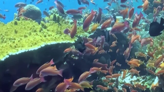 A dazzling array of tropical fish swarm a vibrant coral reef. Sunlit waters reveal their graceful dance around the lush marine habitat, a true marvel of oceanic life observed during the day.