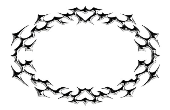 Chrome neo tribal oval frame border. Metallic symmetrical Y2K spiked tattoo ornament in glossy silver style. 3D render transparent background