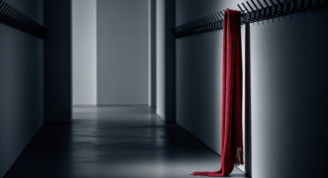 Solitary red scarf on empty hooks in a modern hallway with dramatic lighting, evoking mystery and absence