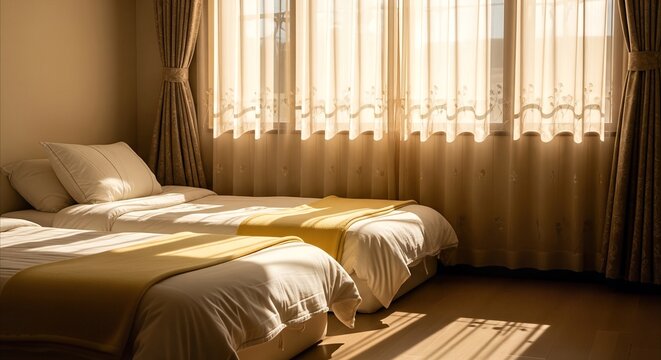 Two twin beds with yellow throws bathed in warm daylight through sheer curtains, creating a serene and cozy bedroom atmosphere for rest.
