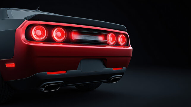 The vibrant red taillights illuminate a sleek, modern sports car with a black spoiler and dual exhaust pipes against a dark and dramatic background, showcasing its power.
