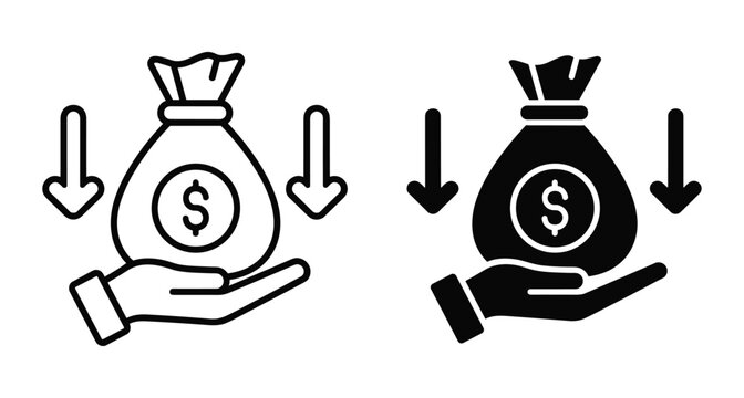 money bag icon with dollar sign on hand and downward arrows representing financial loss cost reduction price drop economic crisis