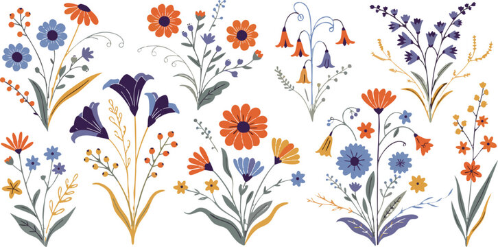 Collection of hand drawn wildflower bouquets and floral stems