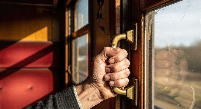 Hand gripping aged brass train window handle, evoking vintage travel nostalgia and the effort of a journey.