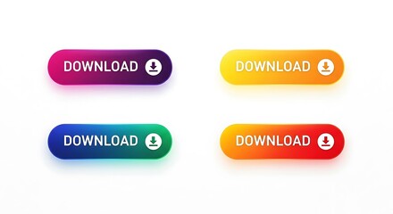 Fototapeta premium Colorful download buttons with gradient effects and icons on white background