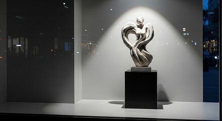 Obraz premium Abstract angel sculpture on black pedestal in spotlighted window display, elegant retail showcase with copy space