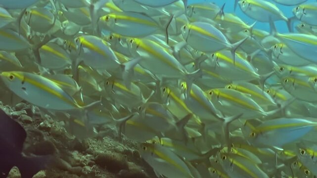 A vast multitude of yellowstripe scad sweeps gracefully through clear blue waters. Their golden stripes gleam as they navigate the rocky ocean floor during daylight hours.