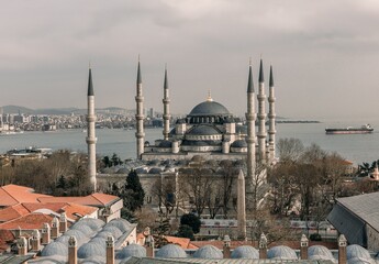 Fototapeta premium Sultan Ahmed Mosque and Bosphorus Strait in Istanbul, Turkey