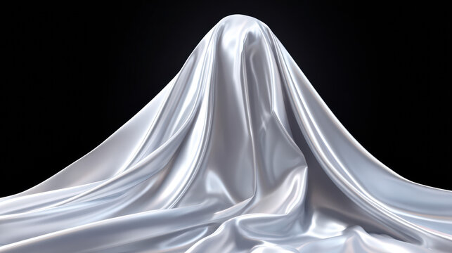 A mysterious figure is draped beneath a flowing white satin sheet against a solid black background, creating an enigmatic and visually striking composition.