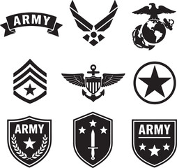 A collection of nine distinct black and white representing various military insignia, branches, and ranks, including army, air force, marines, and navy emblems also transparent background © BeCoolOk