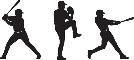 A sequence of three black silhouette baseball players, depicting a batter swinging, a pitcher throwing, and another batter in a ready stance, isolated on a white also transparent background © BeCoolOk