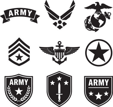 A collection of nine distinct black and white representing various military insignia, branches, and ranks, including army, air force, marines, and navy emblems also transparent background