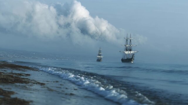 Sailing ship approaching foggy shore in sequence. Tall ship with multiple masts navigates waves near beach. Maritime vessel sails through mist toward coastline in overcast weather.